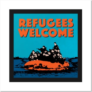 REFUGEES WELCOME - COLOURFUL ILLUSTRATION SHOWING REFUGEES ON A SMALL BOAT Posters and Art